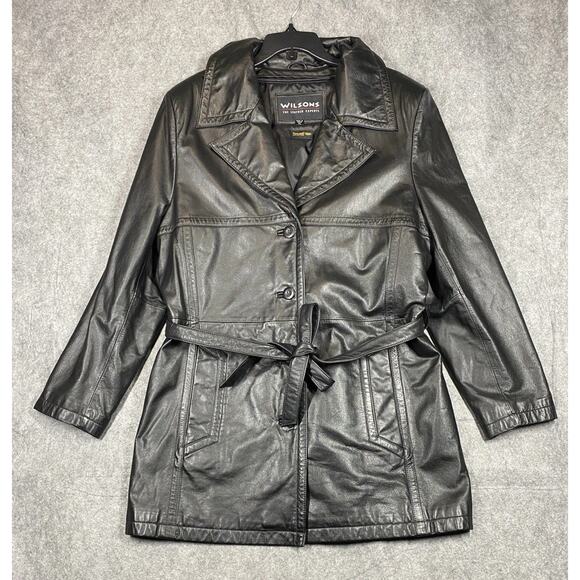 Wilsons Leather Jackets & Blazers - Vintage Wilson Leather Trench Coat Womens XL Black Thinsulate Ultra Insulation